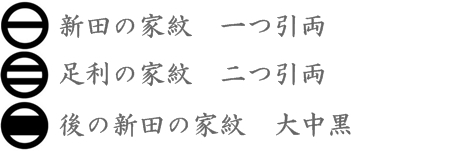 新田の家紋　一つ引両・足利の家紋　二つ引両　足利の家紋　堅三つ引両・後の新田文　大中黒